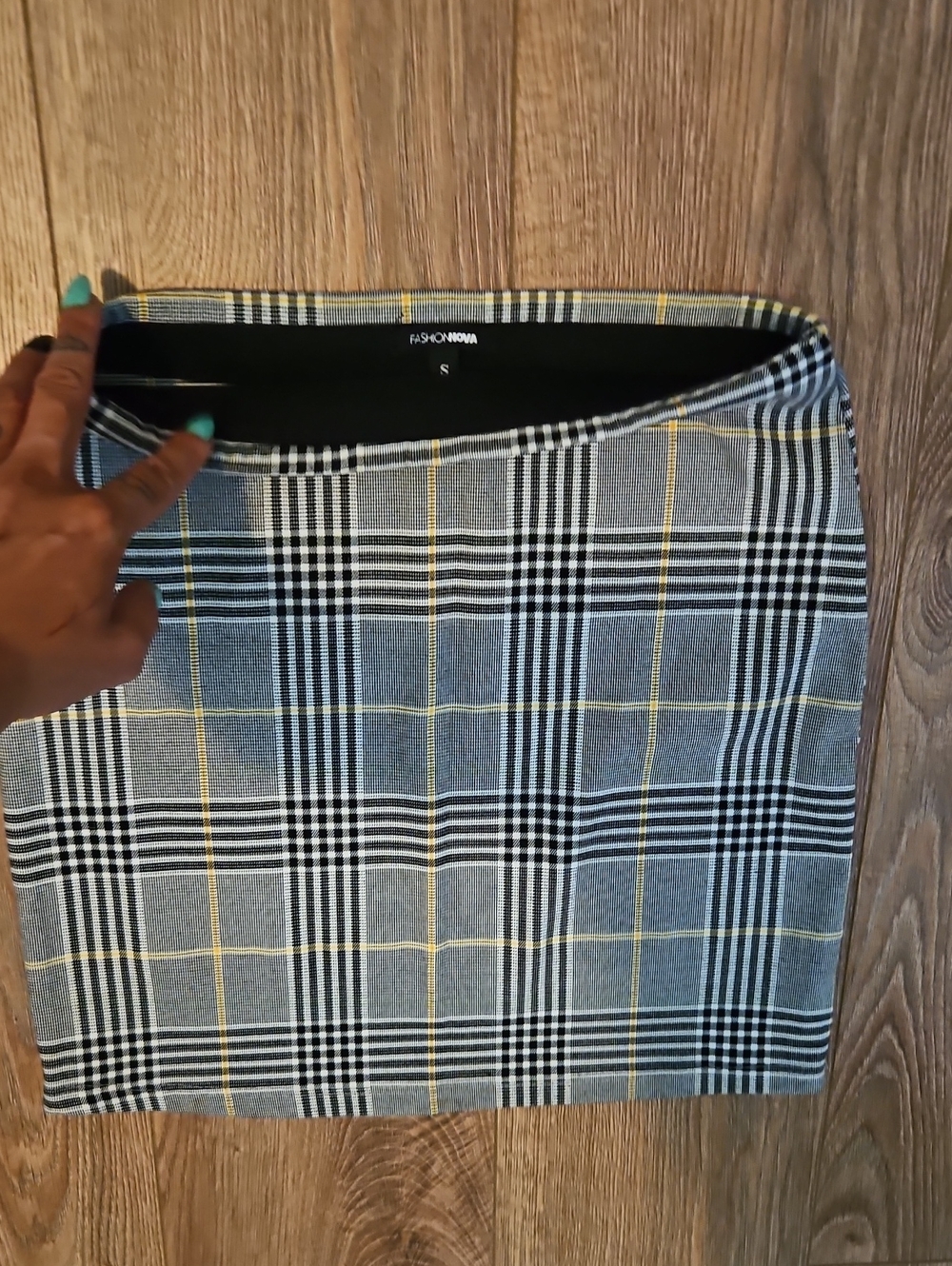 Fashion Nova Gray and Black Plaid Mini Skirt with Yellow Stripe